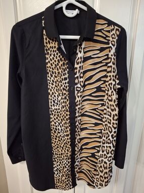 Chico's Black Button-Up Shirt with Animal Print Panels